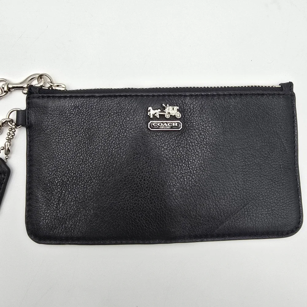 Coach Black Leather Wristlet Pouch Wallet with Chain‎ Strap